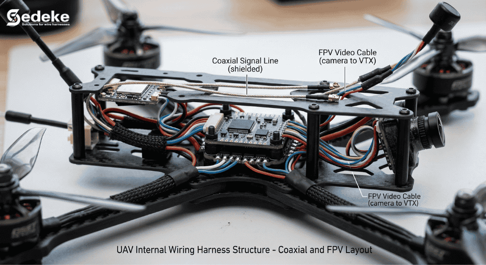 UAV internal wiring harness structure showing coaxial signal lines and FPV video cable routing — drone cable assembly