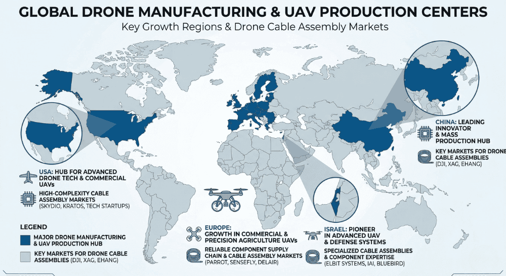 Global drone manufacturing regions map highlighting UAV production centers in China, USA, Europe and Israel — drone cable assembly markets