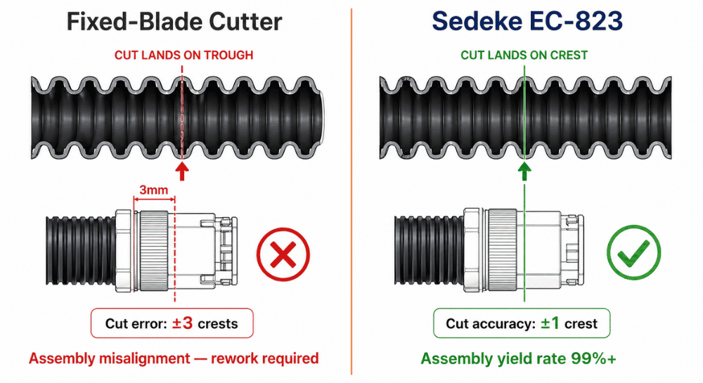 Corrugated tube trough cut vs crest cut assembly comparison — EC-823 laser positioning