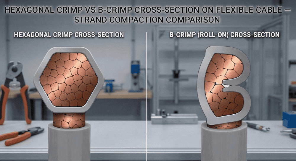 Hexagonal crimp vs B-crimp cross-section on flexible cable — strand compaction comparison