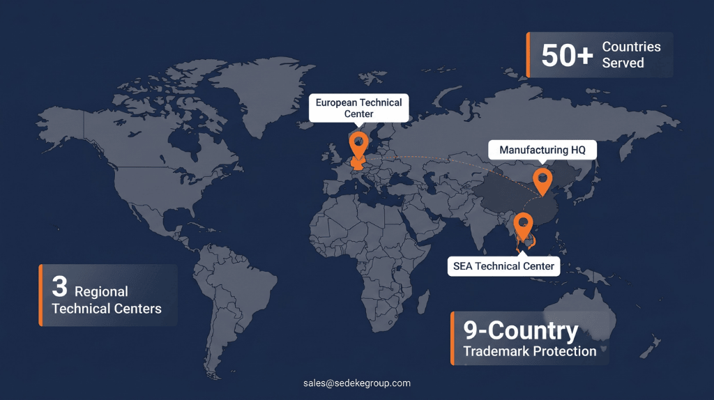 Sedeke wire harness machine supplier global support network — 3 technical centers in Europe and Southeast Asia, 50+ countries served