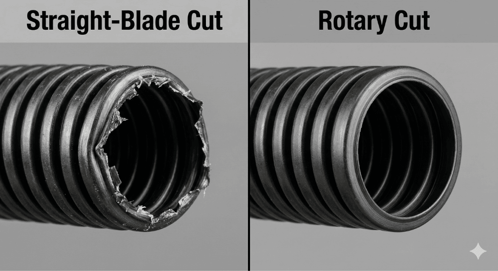 Straight-blade vs rotary tube cutting — burr formation compared to clean cut face