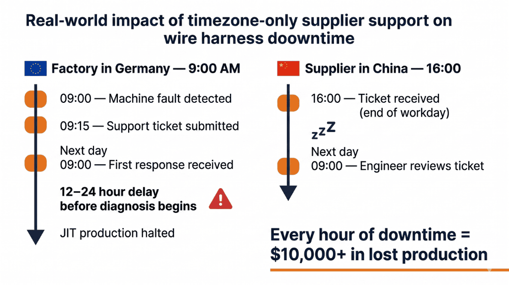 Timezone gap between China UTC+8 and Europe UTC+1 — wire harness machine downtime cost impact