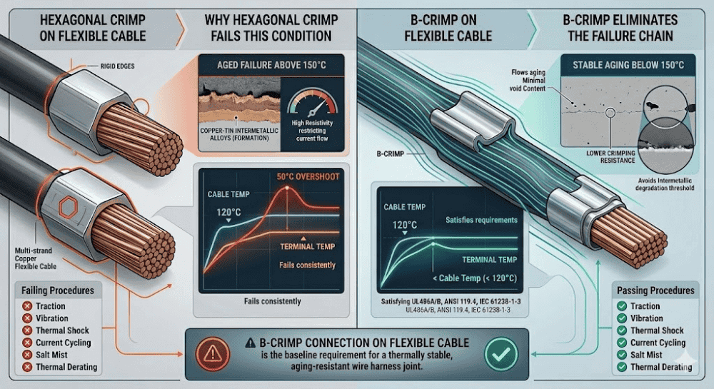 Thermal performance comparison chart — hexagonal vs B-crimp on flexible cable at 120°C cable temperature