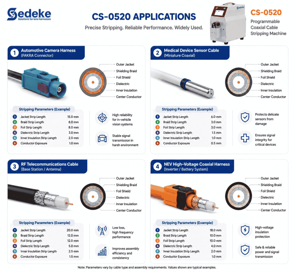 CS-0520 coaxial cable stripping machine application — automotive medical RF NEV wire harness