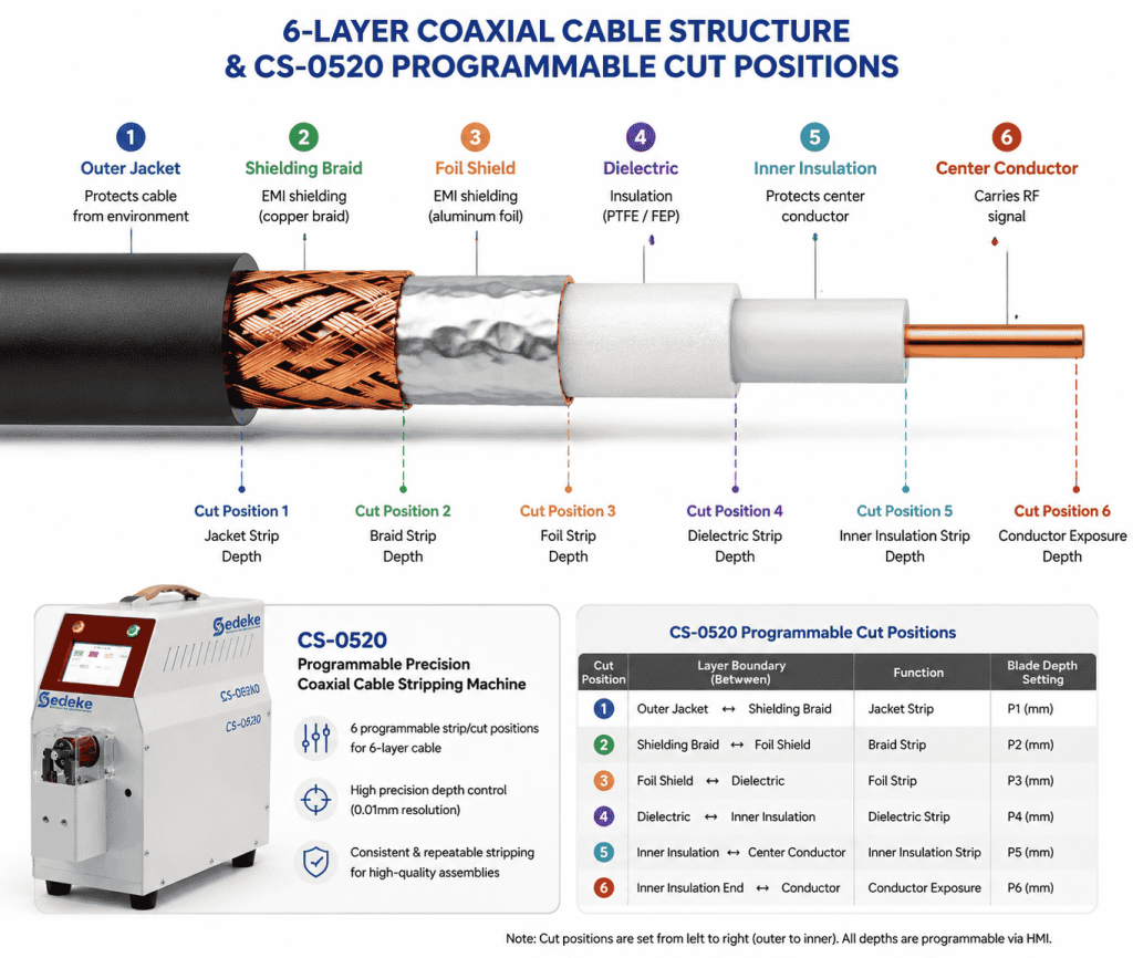 Coaxial cable 6-layer stripping depth control — CS-0520 ±0.01mm blade depth per layer