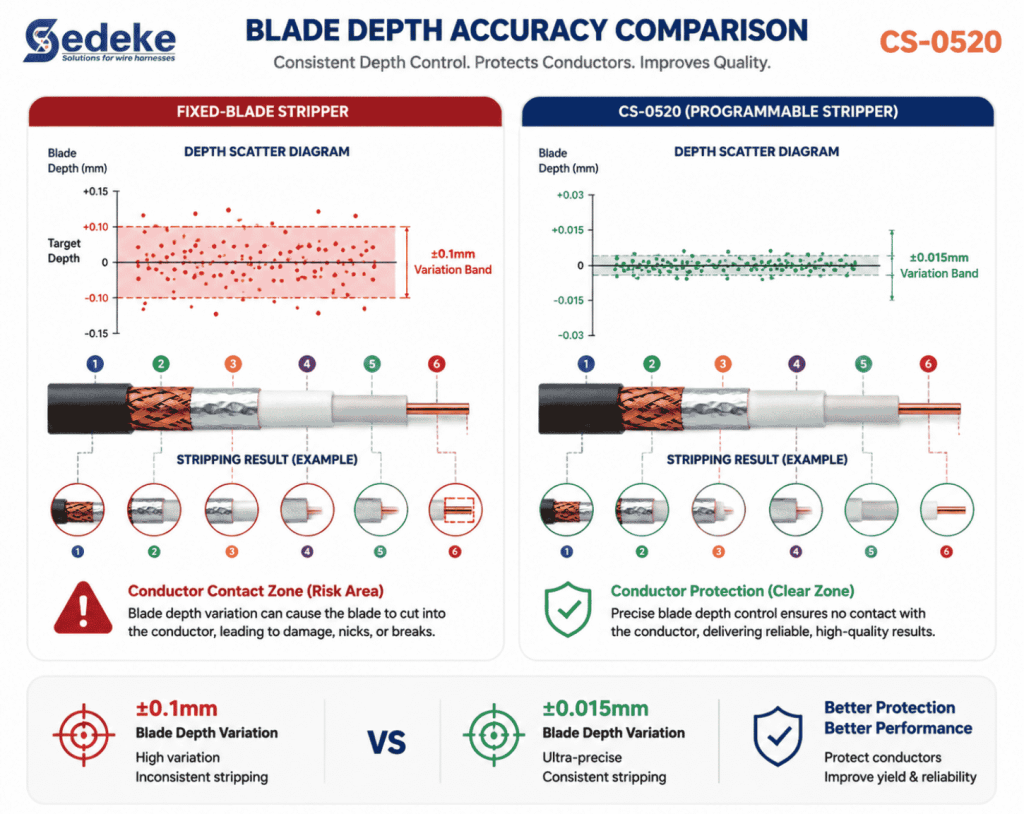 Coaxial cable stripping machine depth precision comparison — fixed blade vs Sedeke CS-0520