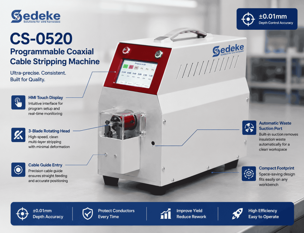 Sedeke CS-0520 semi-automatic coaxial cable stripping machine — 6-layer ±0.01mm precision