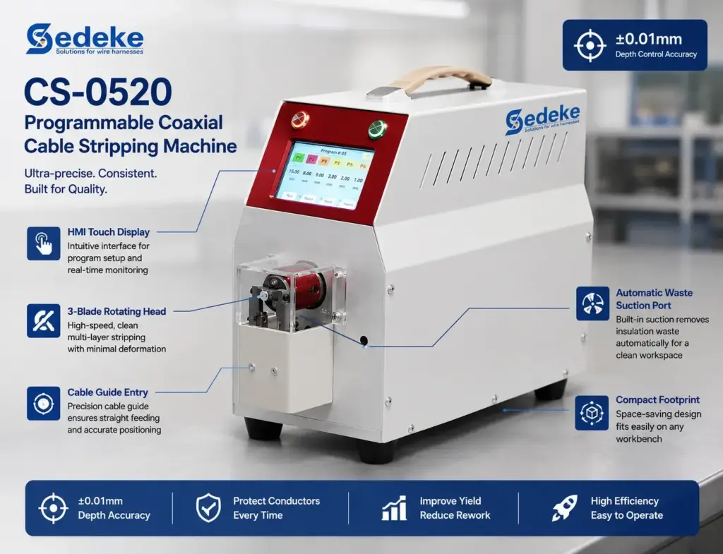 Sedeke CS-0520 semi-automatic coaxial cable stripping machine — 6-layer ±0.01mm precision