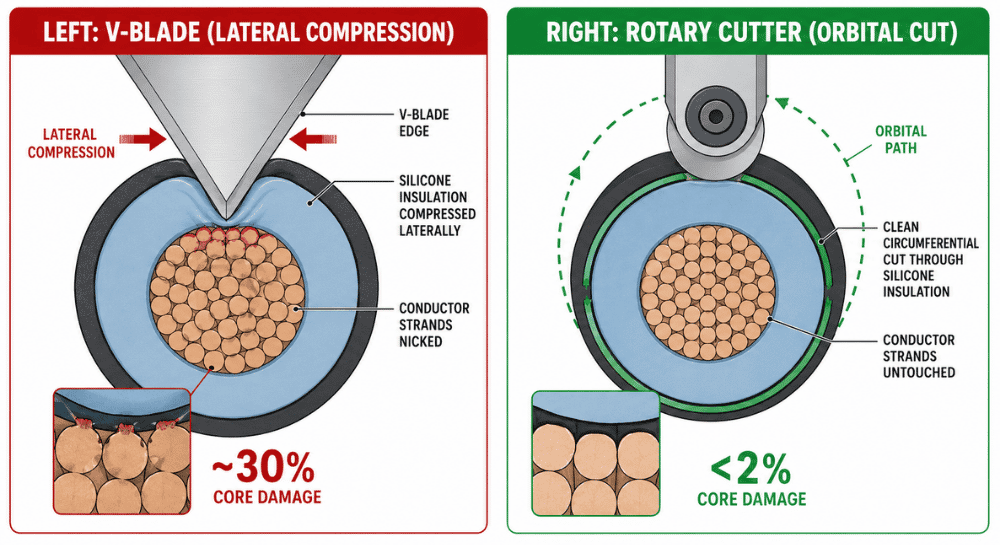 V-blade vs rotary wire stripping on silicone cable — core wire damage comparison Sedeke ESC-BXR