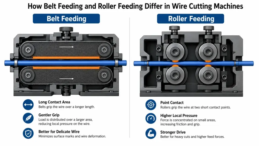 Belt feeding and roller feeding contact paths in an automatic cutting machine
