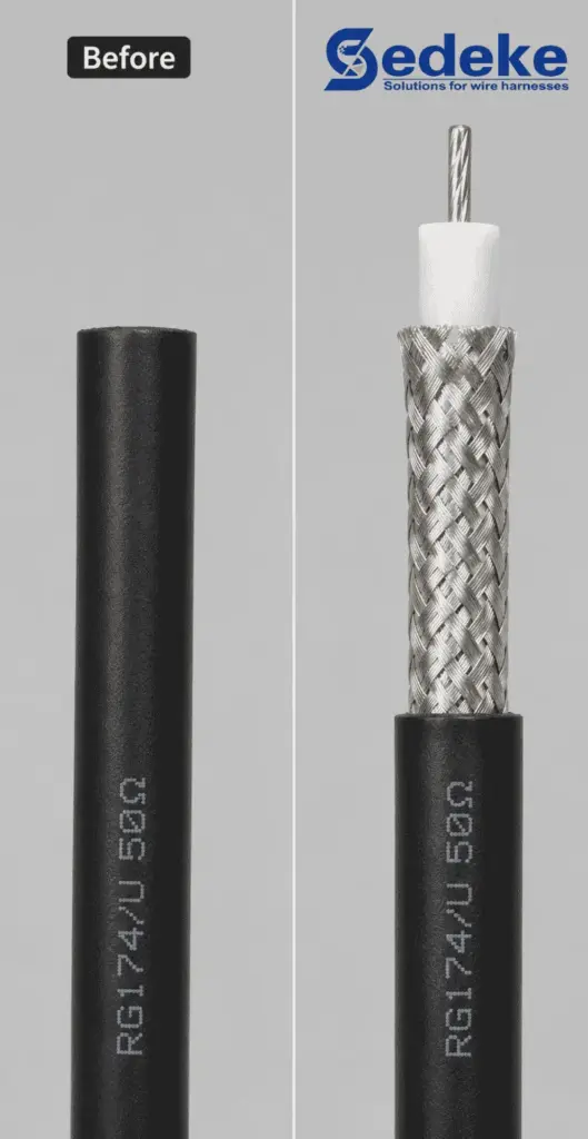 Coaxial cable before and after controlled multi-layer stripping