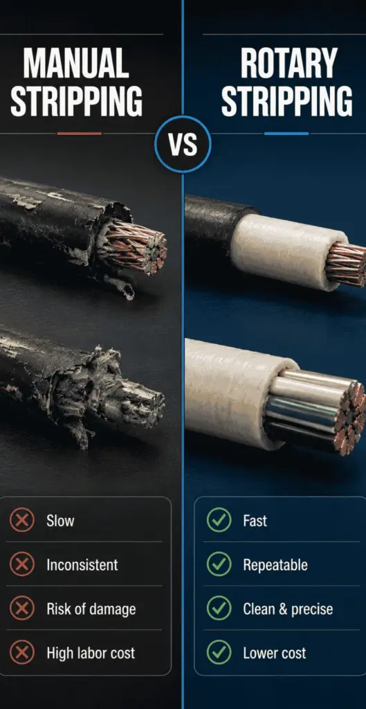 Manual cable stripping compared with rotary stripping for large-diameter cables
