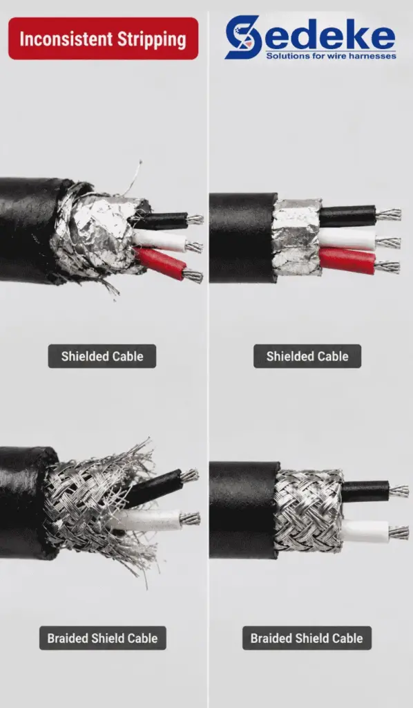 Inconsistent versus uniform stripping of shielded and braided cables