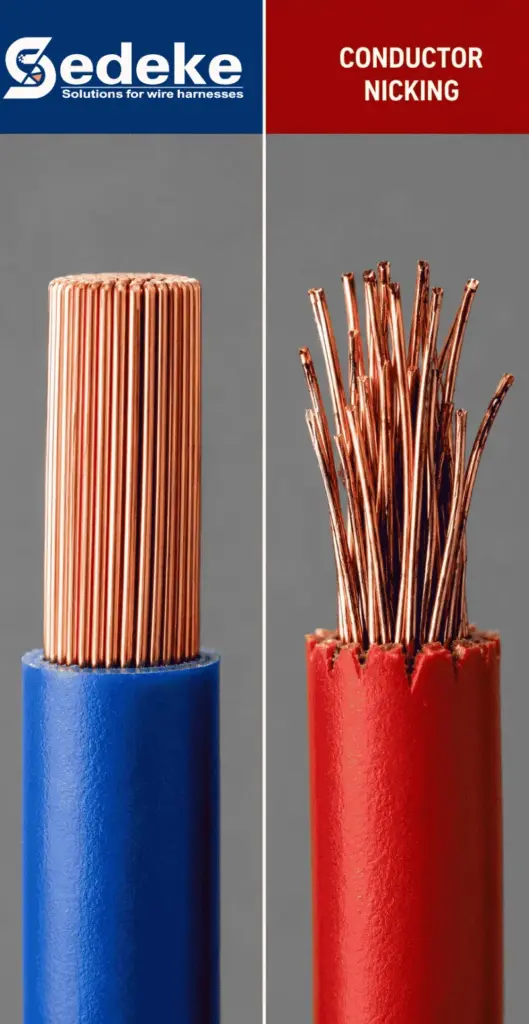 Comparison of cleanly stripped fine wire and conductor nicking damage